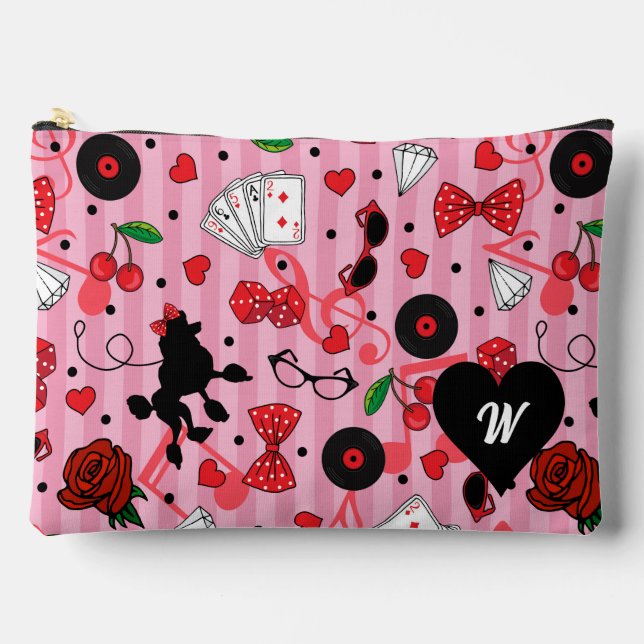 Vintage Rockabilly Patterned Pink Monogram Accessory Pouch (Front)
