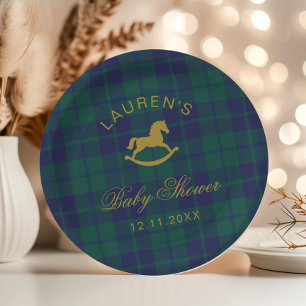 Vintage Rocking Horse Gold Plaid Baby Shower Paper Plate