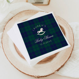 Vintage Rocking Horse Green Plaid Baby Shower Napkin