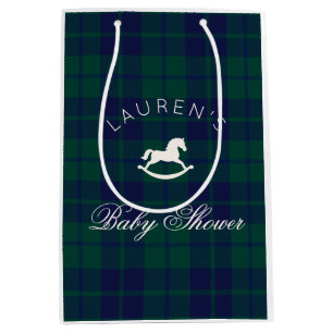 Vintage Rocking horse Navy Plaid Baby Shower Medium Gift Bag