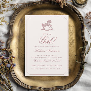 Vintage Rocking Horse Pink It's a Girl Baby Shower Invitation