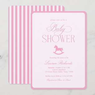 Vintage Rocking Horse Pink Stripe Girl Baby Shower Invitation