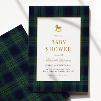 Vintage Rocking Horse Plaid Baby Shower Invitation