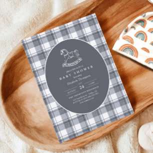 Vintage Rocking Horse Preppy Gingham Baby Shower Invitation