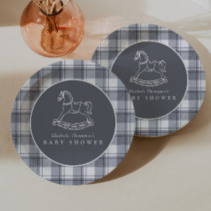 Vintage Rocking Horse Preppy Gingham Baby Shower Paper Plate