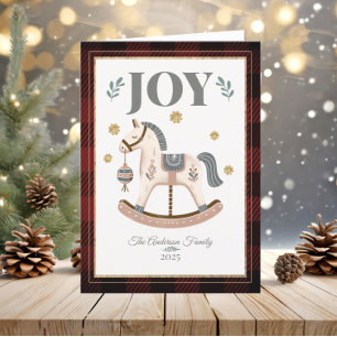 Vintage Rocking Horse Red Plaid Heirloom Joy  Holiday Card