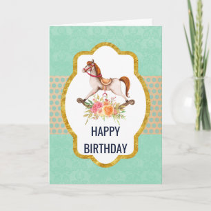 Vintage Rocking Horse with Floral Bouquet Birthday Card