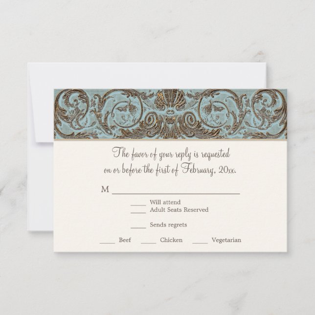 Vintage Rococo Baroque Shell Etching Scroll RSVP Card (Front)