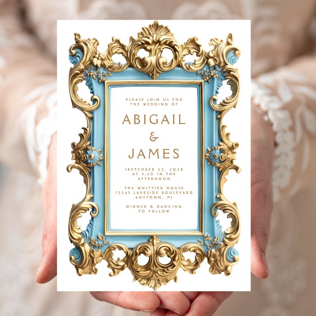 Vintage Rococo Blue Gold Frame Wedding Invitation (Creator Uploaded)