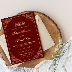 Vintage Rococo Frame Gold Burgundy Muslim Wedding Invitation