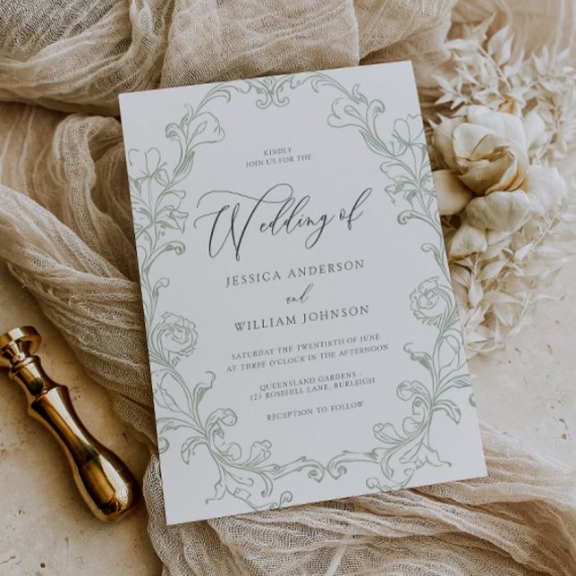 Vintage Rococo Sage Line Art Wedding Invitation (Creator Uploaded)