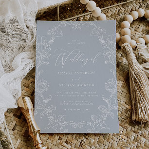 Vintage Rococo Victorian Line Art Blue Wedding Invitation