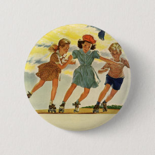 Vintage Roller Skating Fun Children Boys and Girls 6 Cm Round Badge