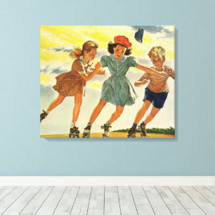 Vintage Roller Skating Fun Children Boys and Girls Canvas Print