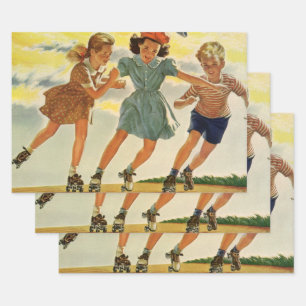 Vintage Roller Skating Fun Children Boys and Girls Wrapping Paper Sheet