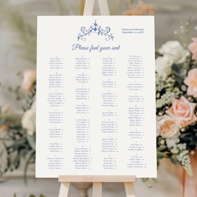 Vintage Romance Blue Alphabetical Seating Chart (Creator Uploaded)