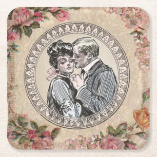 Vintage Romance Couple: Antique Roses Girly Love Square Paper Coaster