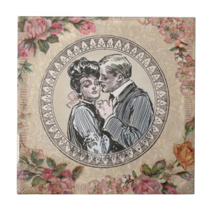  Vintage Romance Couple: Antique Roses Girly Love Tile