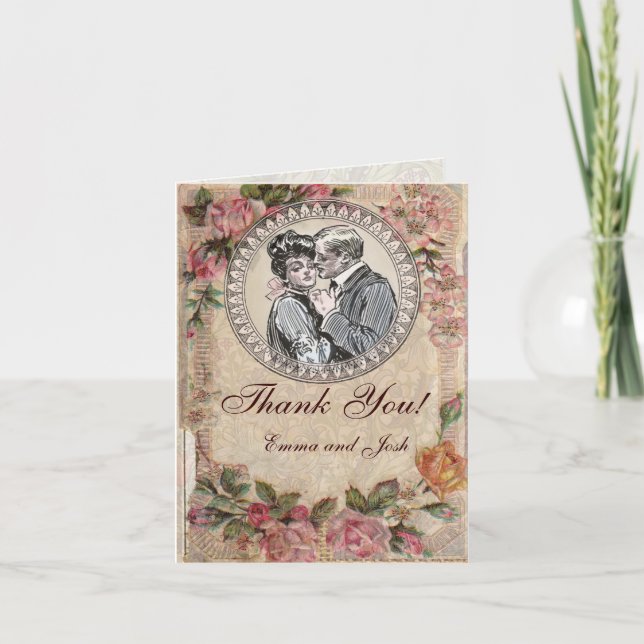 Vintage Romance Couple Antique Roses Wedding Thank You Card (Front)