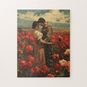 Vintage Romance: Couple in Red Peony Field Jigsaw Puzzle