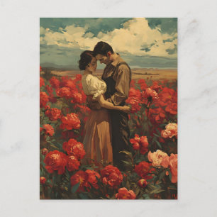 Vintage Romance: Couple in Red Peony Field Postcard