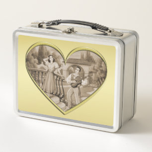 Vintage Romance couple, man and woman, gold Metal Lunch Box