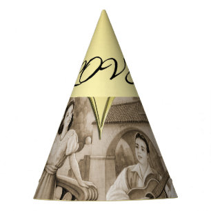 Vintage Romance couple, man and woman, gold Party Hat