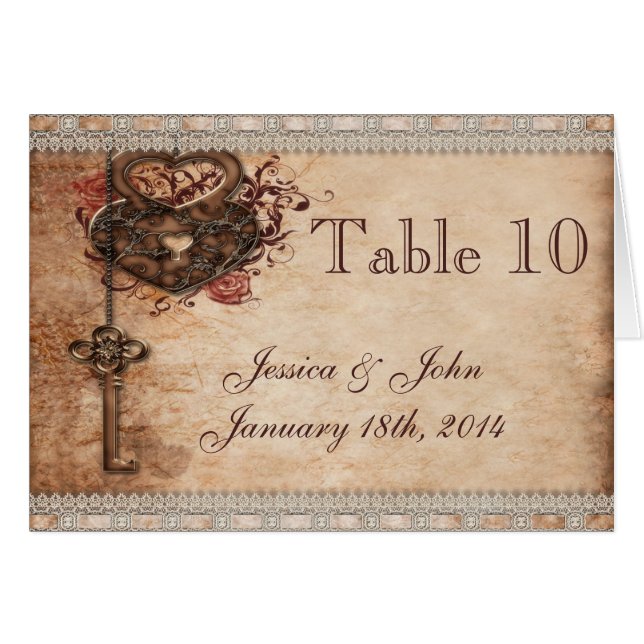 Vintage Romance Key & Hearts Wedding Table Number (Front Horizontal)