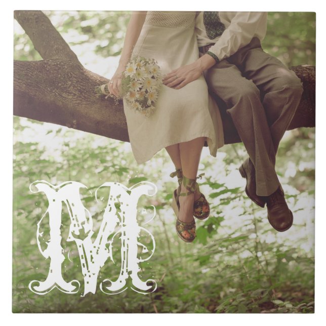 Vintage Romance Love Couple Monogram Display Tile (Front)