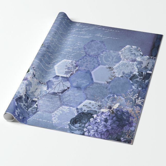 Vintage Romantic Blue Bees Flowers Wrapping Paper (Unrolled)