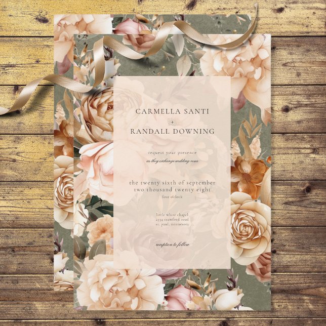 Vintage Romantic Champagne Beige & Sage Floral Invitation (Creator Uploaded)
