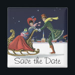 Vintage Romantic Christmas Love, Save the Date! Magnet<br><div class="desc">Save the date magnet,  perfect for your winter wedding!
Vintage illustration Victorian love and romance Christmas holiday image featuring a romantic scene with a couple ice skating with a sled on Christmas Eve.</div>