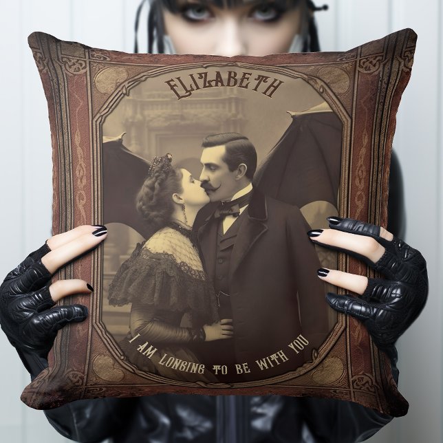 Vintage Romantic Dracula Kissing Vampire Gothic  Cushion (The perfect Gothic pillow for your Gothic Bedroom. Dracula takes a woman into his seductive embrace.)