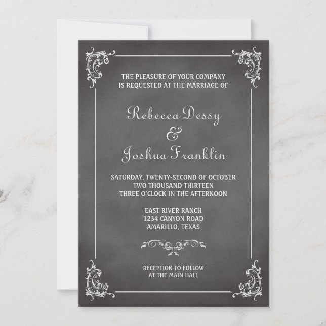Vintage romantic grey chalkboard scroll wedding invitation (Front)