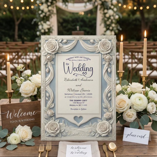 Vintage Romantic Neoclassical Blue 3D Rose  Invitation (Creator Uploaded)