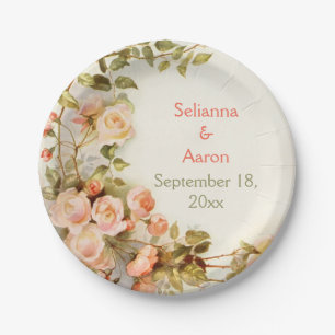 Vintage romantic painting of roses wedding paper plate