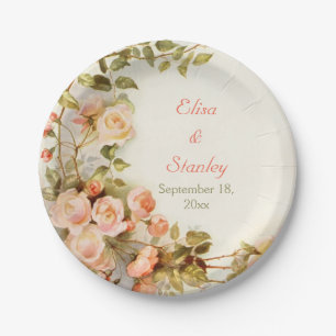 Vintage romantic painting of roses wedding paper plate