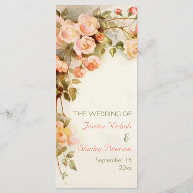 Vintage romantic painting of roses wedding program programme (Front)