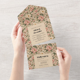 Vintage Romantic Peony & Rose Garden Pattern  All In One Invitation