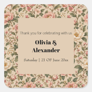 Vintage Romantic Peony & Rose Garden Pattern Square Sticker