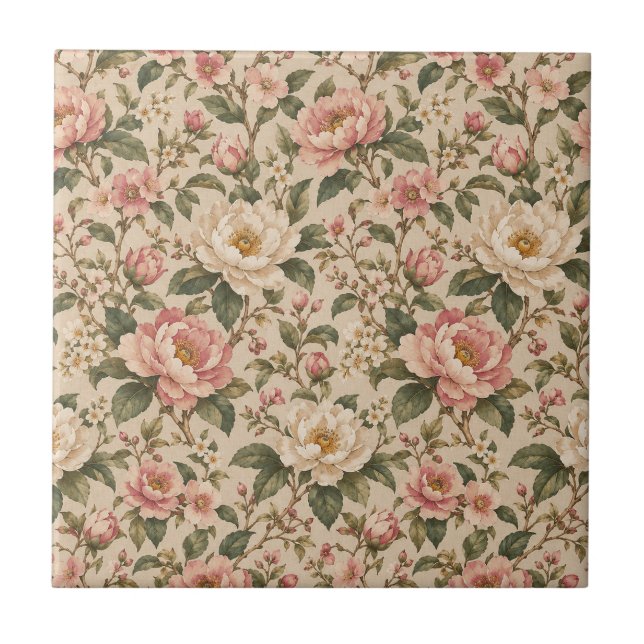 Vintage Romantic Peony & Rose Garden Pattern Tile (Front)