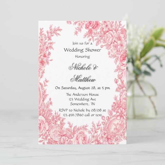 Vintage Romantic Pink Toile Flower Wedding Shower Invitation (Standing Front)