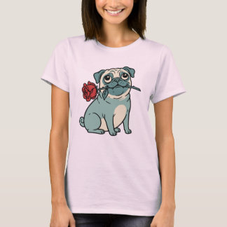 Vintage Romantic Pug Dog Holding Red Rose T-Shirt