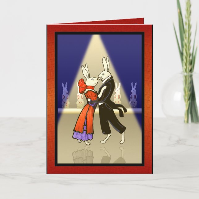Vintage Romantic Rabbits Dancing v2 Personalised Card (Front)