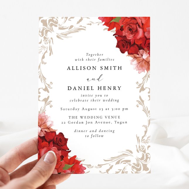 Vintage Romantic Red Floral Elegant Wedding Invitation (Creator Uploaded)