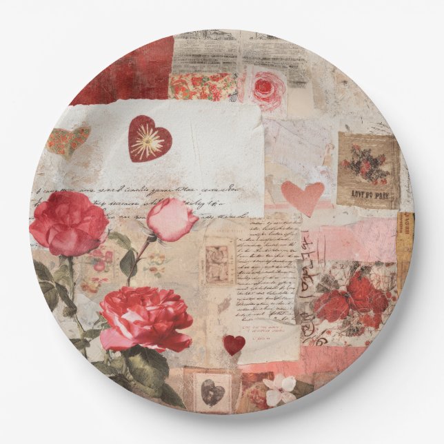 Vintage Romantic Rose Collage (3) Paper Plate (Front)