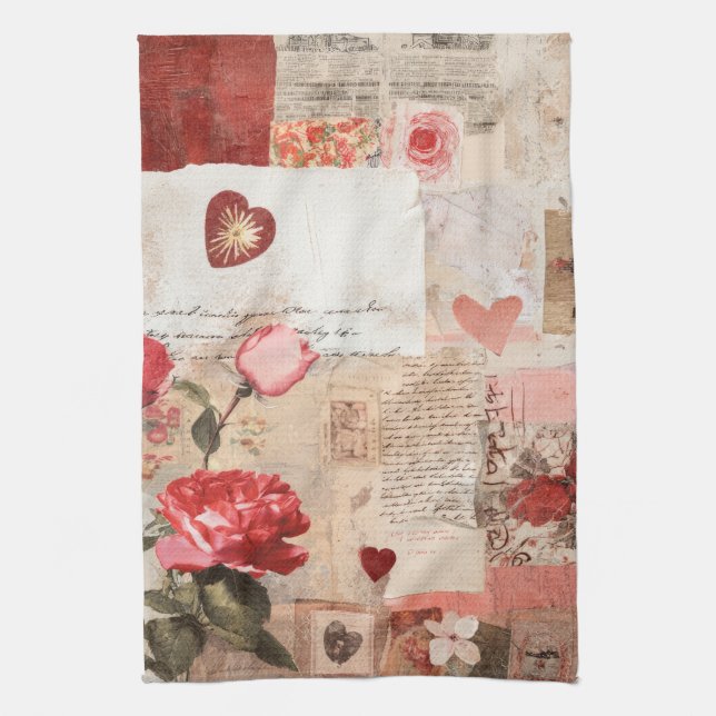 Vintage Romantic Rose Collage (3) Tea Towel (Vertical)