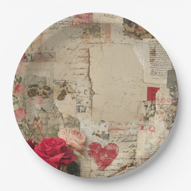 Vintage Romantic Rose Collage (4) Paper Plate (Front)