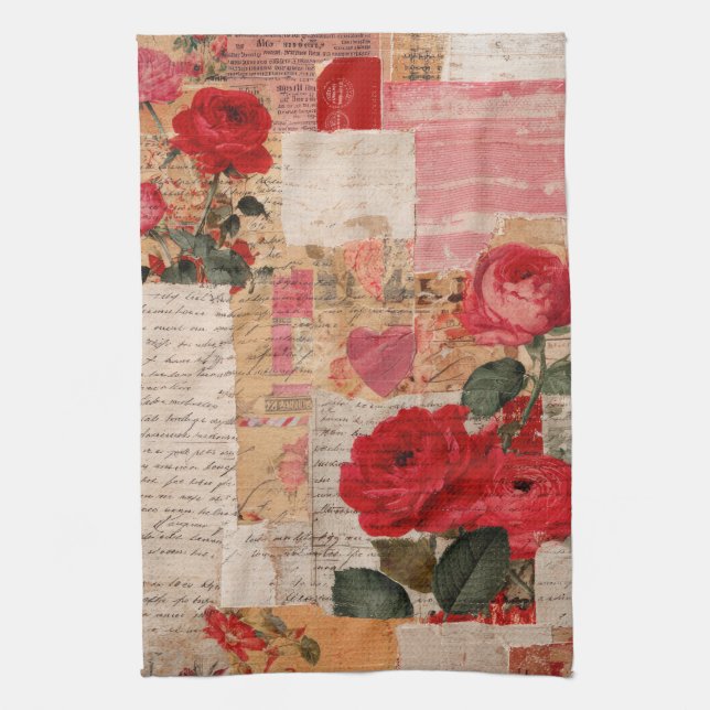 Vintage Romantic Rose Collage (6) Tea Towel (Vertical)