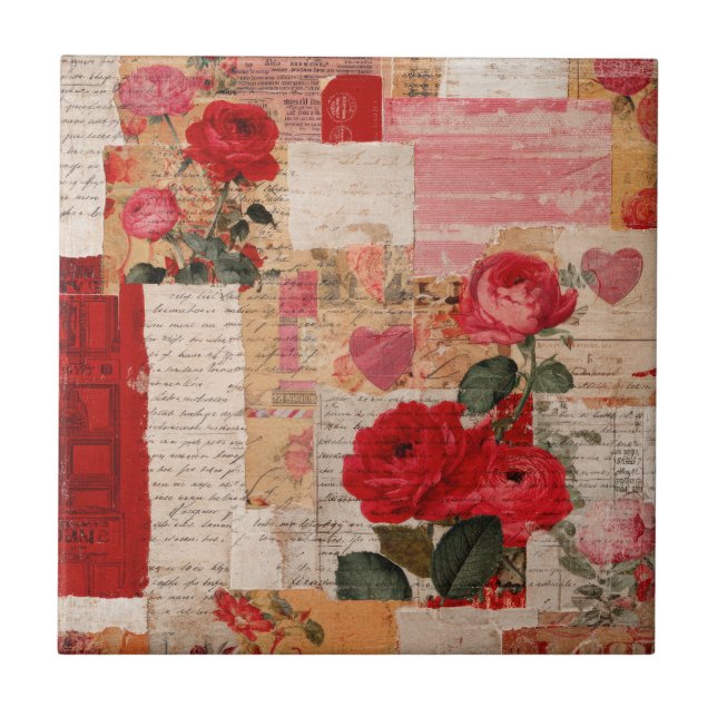 Vintage Romantic Rose Collage (6) Tile (Front)